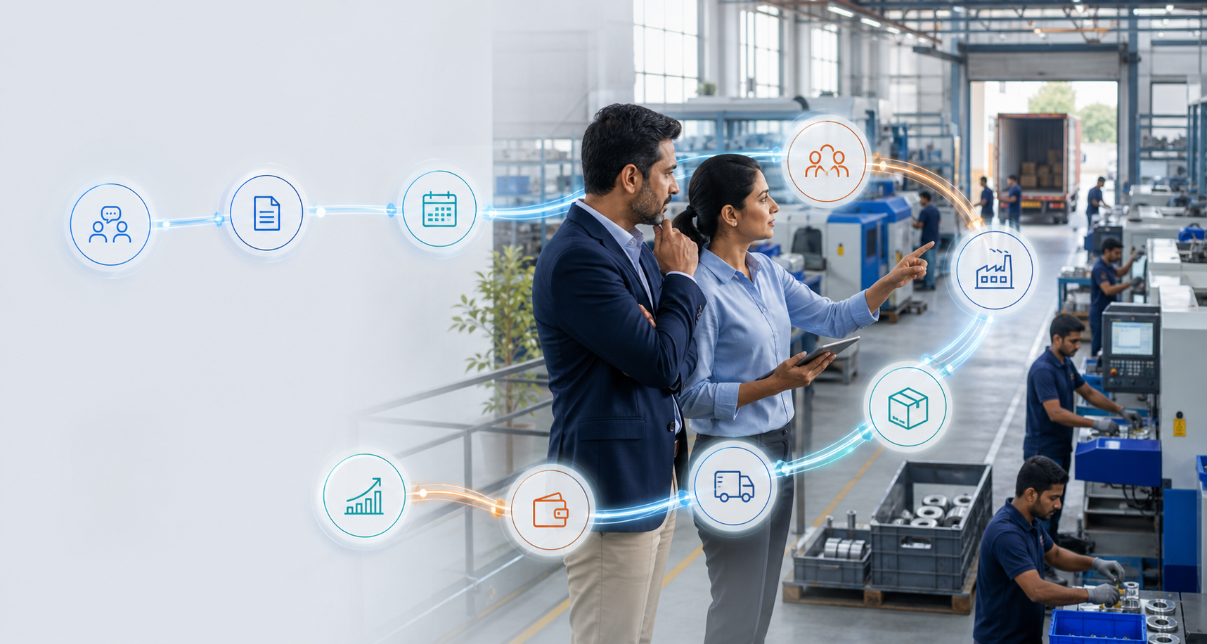 SME manufacturing leaders viewing connected sales, planning, people, production, inventory, dispatch and cash-flow operations